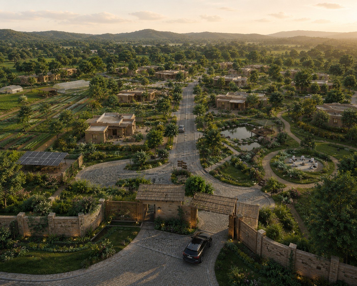 Aerial view of the Echoes Farmhouses masterplan